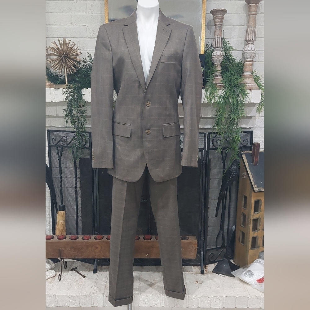 Angelo Rossi Khaki Check Modern Fit 2 Pc Suit - Tan Plaid Blazer 38L - 32"x32